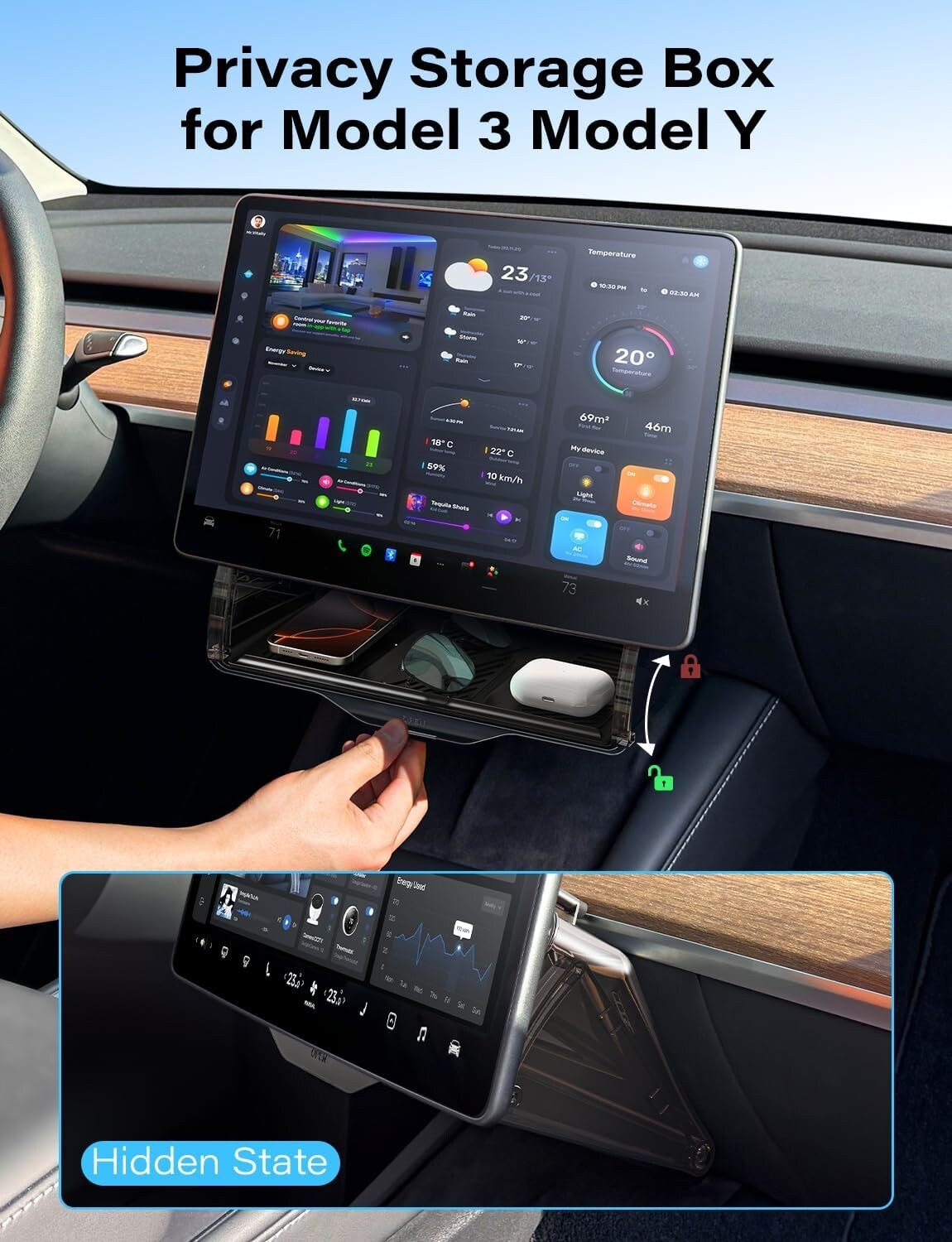 Custom Under-Screen Storage for Model Y & Model 3 - Hidden Organizer 2016-2024