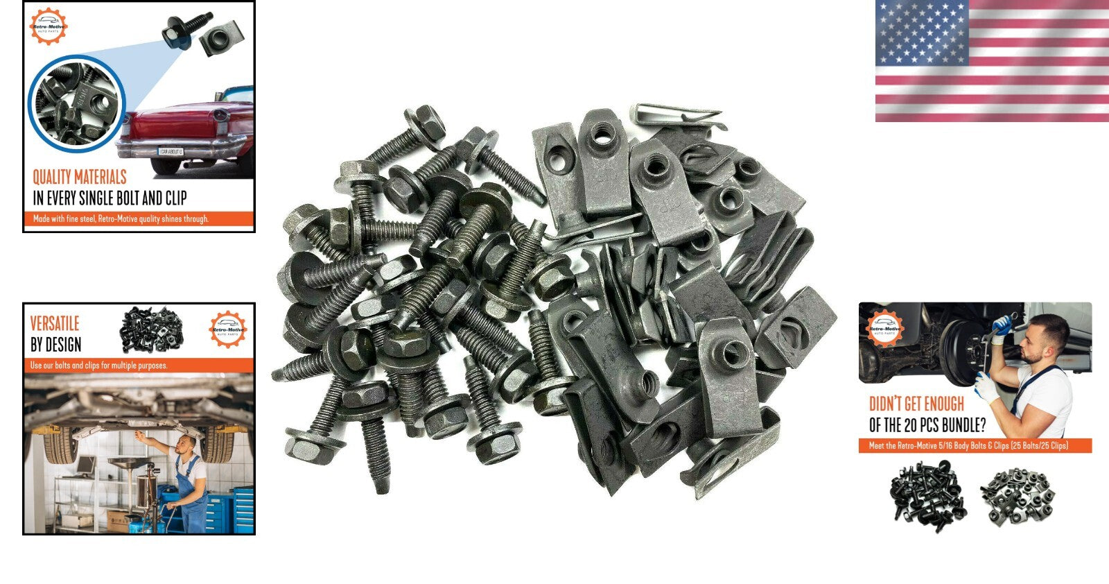 Rust-Resistant Body Bolts & U-Nut Clips - Black Phosphate, 1/4-20 x 1, 50 Pieces