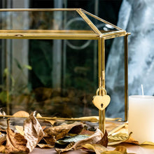 Load image into Gallery viewer, Handmade Vintage Gold and Glass Wedding Card Box with Heart Lock - 12.6" x 5.9"