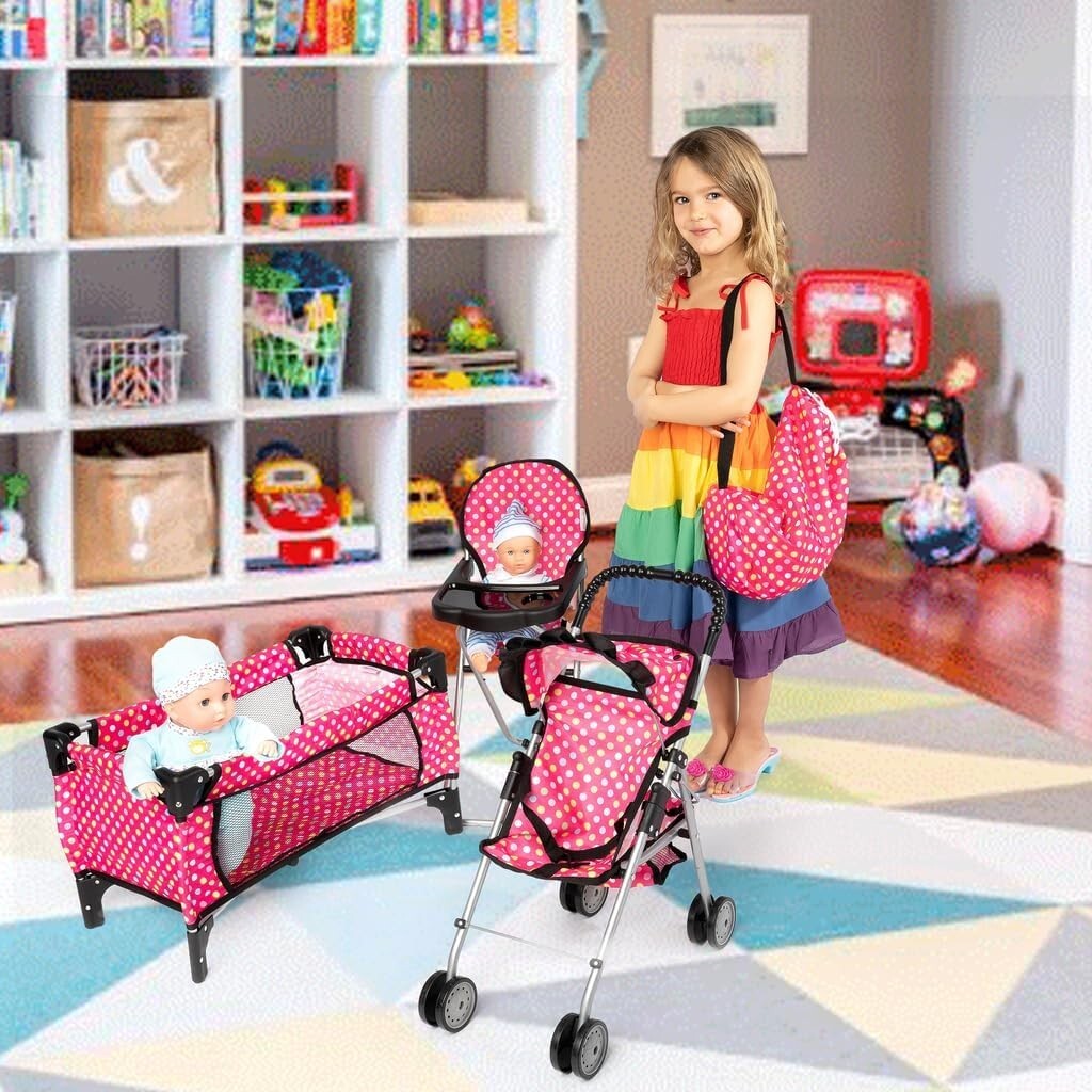 4-Piece Doll Play Set: Pack 'n Play, Stroller & High Chair for 18