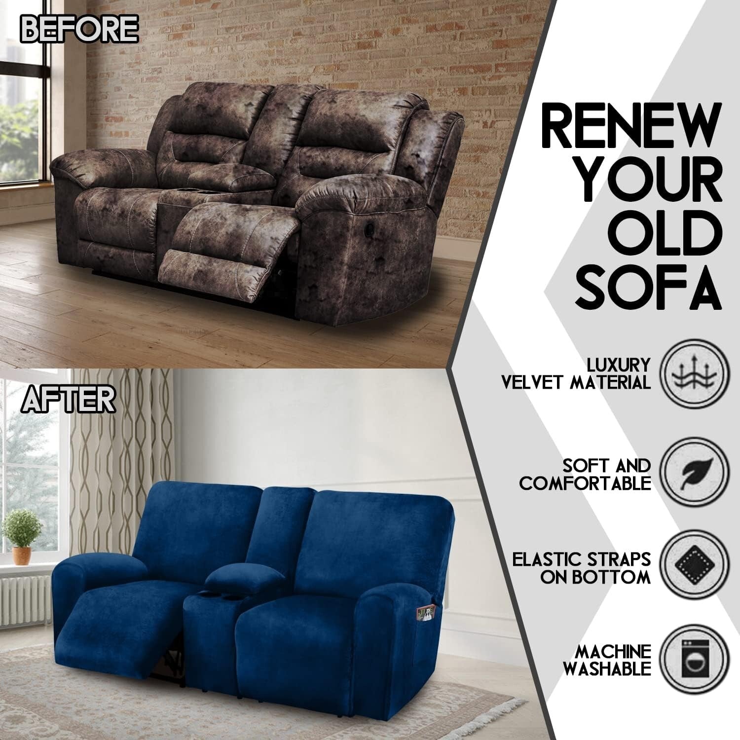 Elegant Navy 8-Piece Stretch Slipcover for Loveseat Recliners - Machine Washable