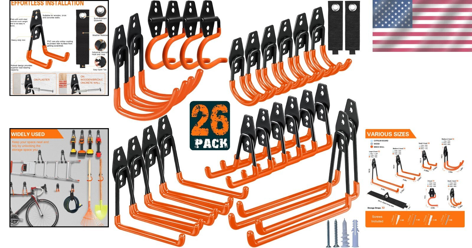 Versatile 26-Pack Wall-Mounted Garage Hooks with Anti-Slip & Rust-Free Finish