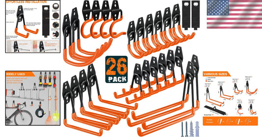 Versatile 26-Pack Wall-Mounted Garage Hooks with Anti-Slip & Rust-Free Finish