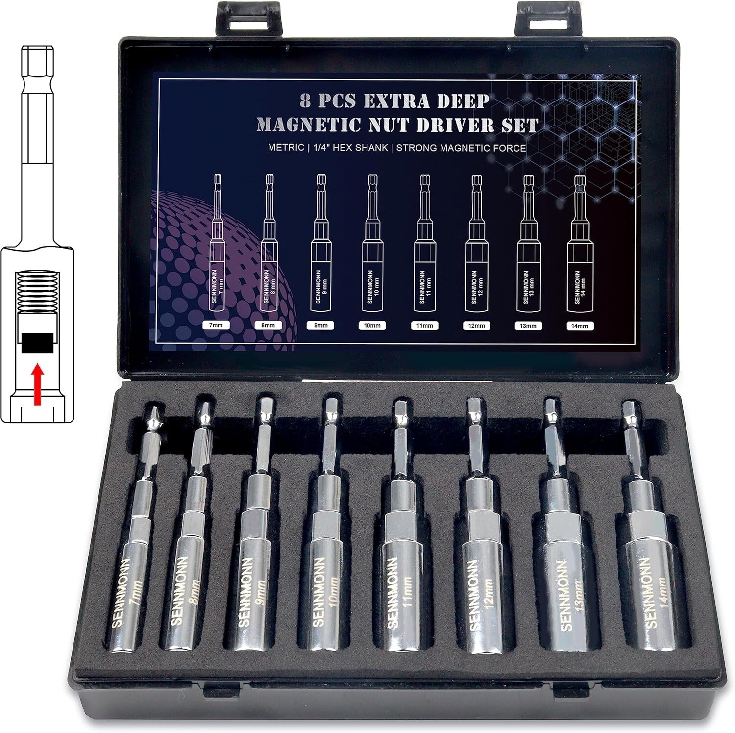 8 PCS Adjustable Deep Magnetic Nut Driver Set for Impact Drill - Metric Sizes