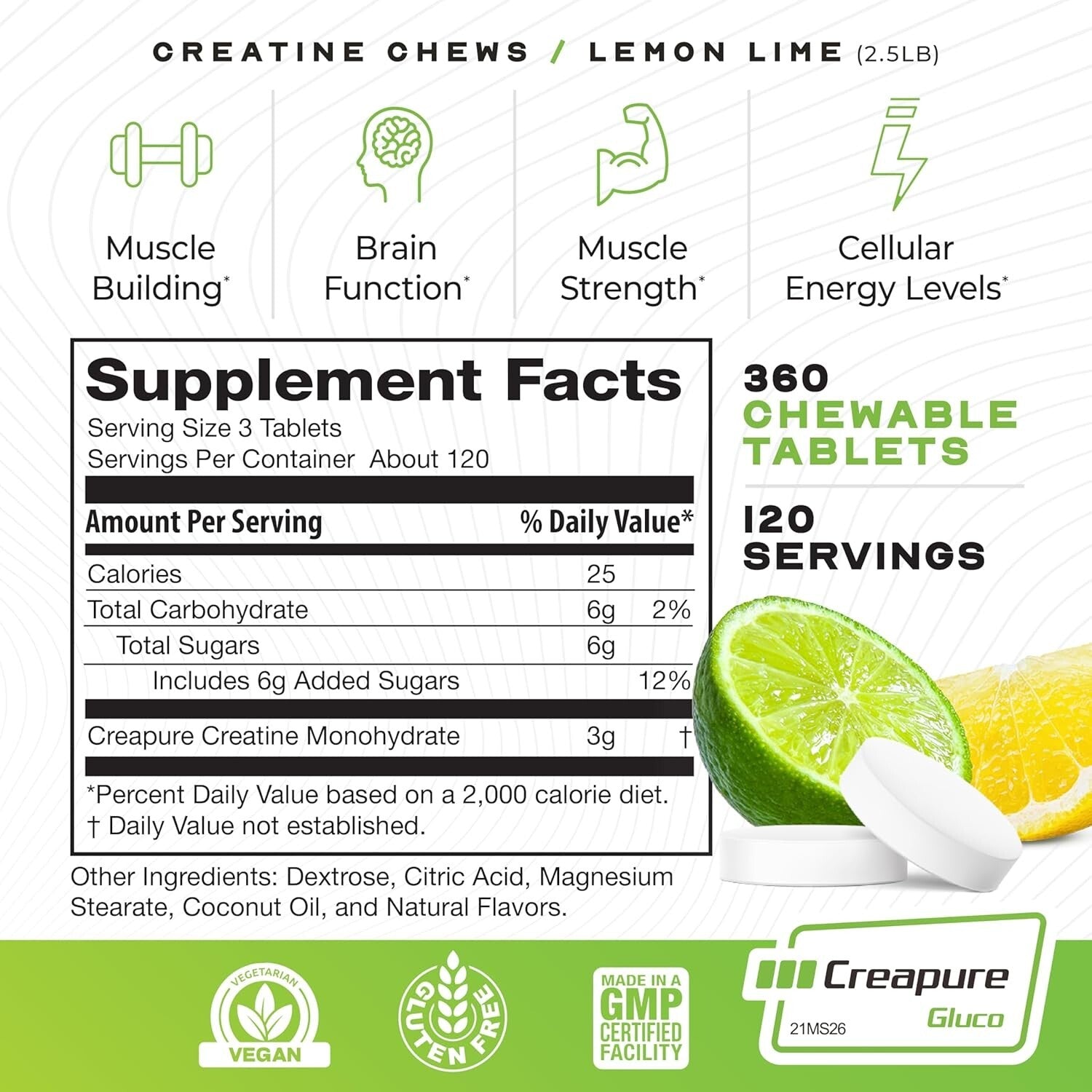 Chewable Vegan Creatine Tablets - 360 Lemon Lime Flavor for Workout Recovery