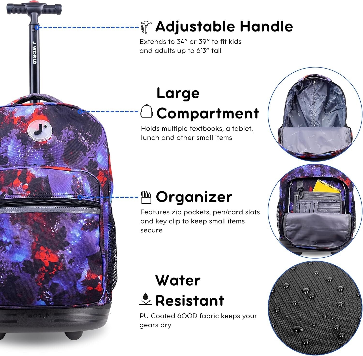 Durable 18" Rolling Backpack for Kids with Large Capacity & Organizer Pockets