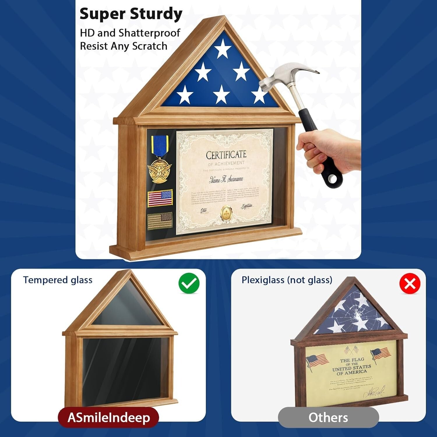 Veteran Honor Flag Display Box with Certificate Holder - Wall Mount or Tabletop