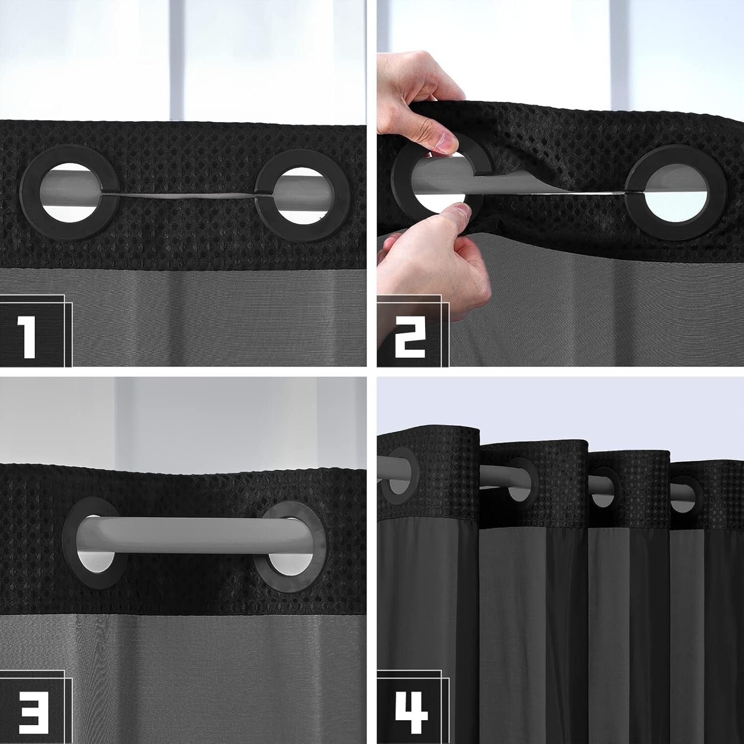 Luxury Black Shower Curtain with Mesh Top & Removable Liner – 96 Inch Length