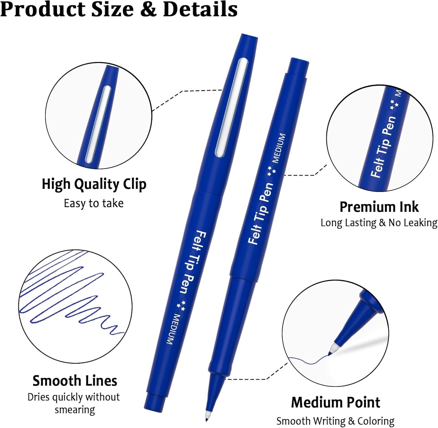 60 Blue Felt Tip Pens - Non-Toxic, Quick-Drying for Classroom & Office
