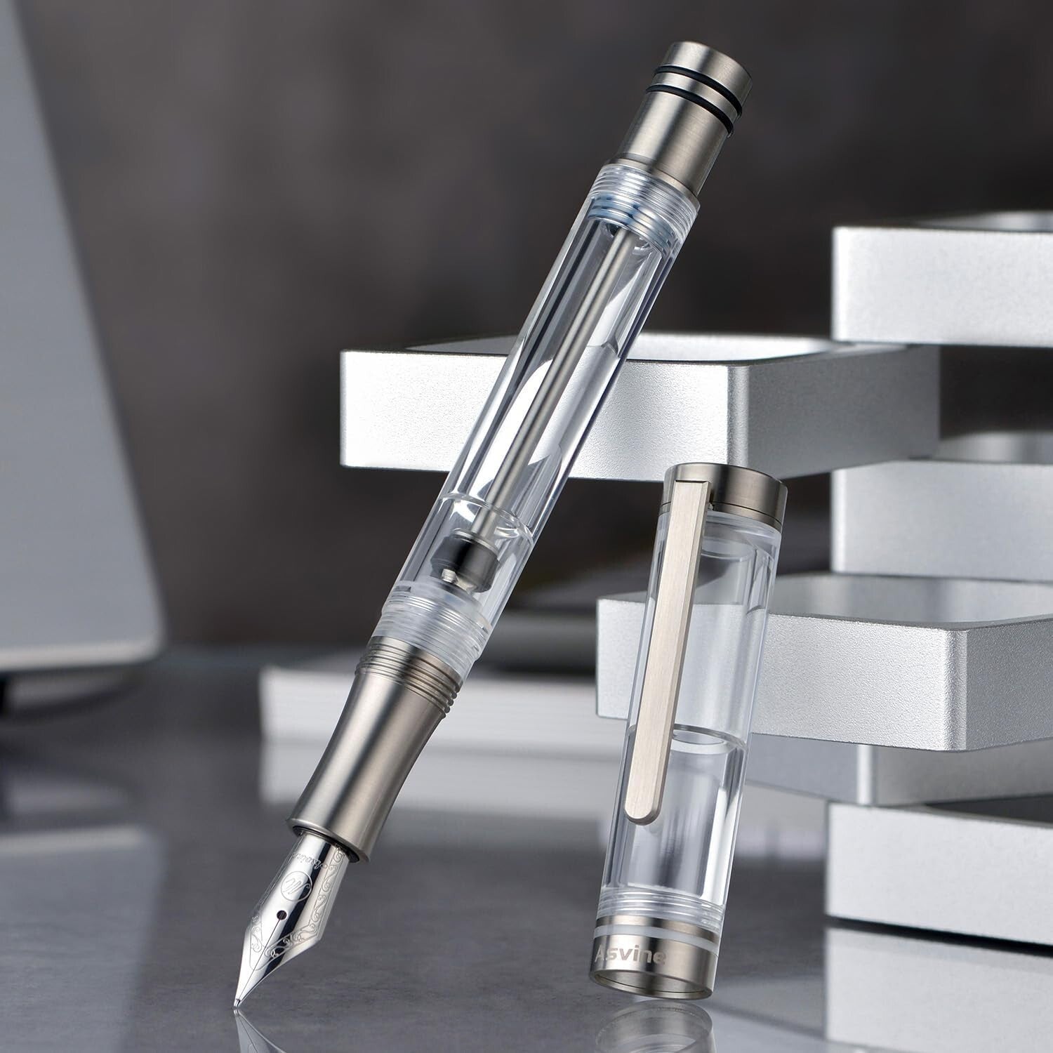 Elegant Clear Acrylic and Titanium Fountain Pen with Extra Fine Writing Tip