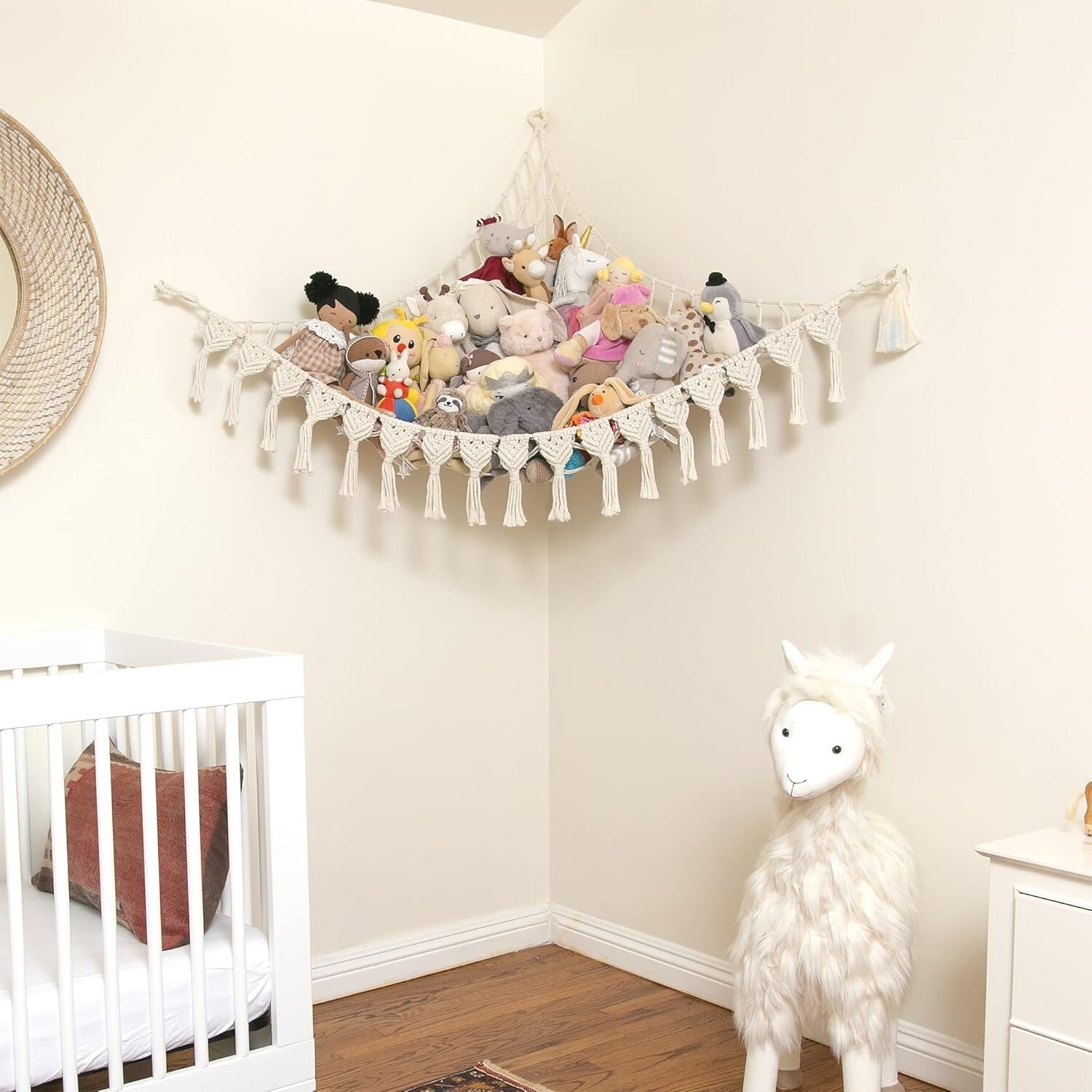 Extra Large Natural Cotton Stuffed Animal Hammock with LED Lights - Boho Storage