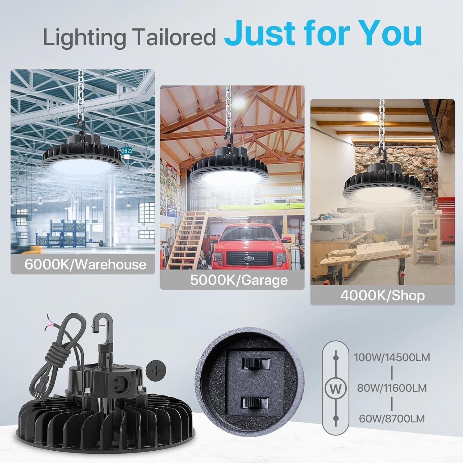 Energy Efficient 100W High Bay UFO LED Light - 14500Lumen, Hook Mount, Dimmable