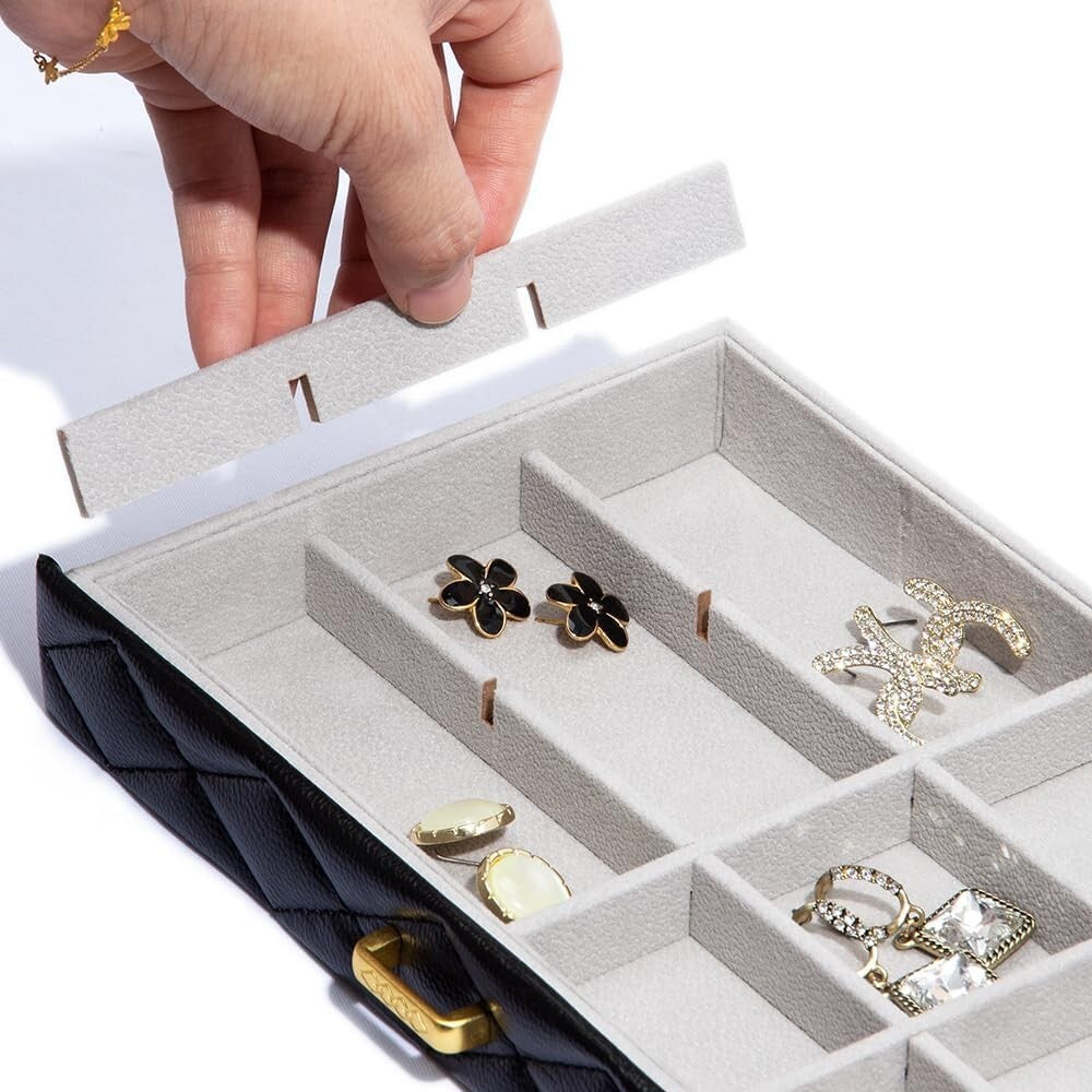 Elegant 10-Compartment Jewelry Case - Black Faux Leather with Velvet Interior