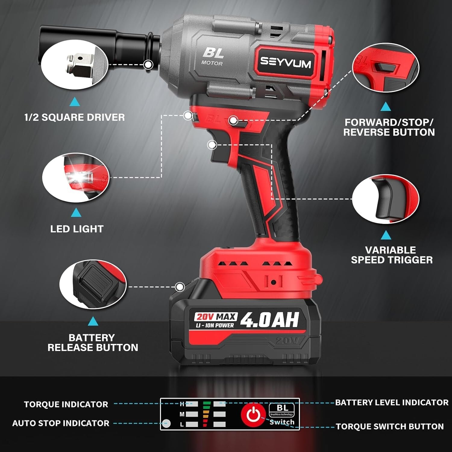 2 x 4.0Ah Battery Cordless Impact Wrench - 1/2” 800N.m Torque and Fast Charger