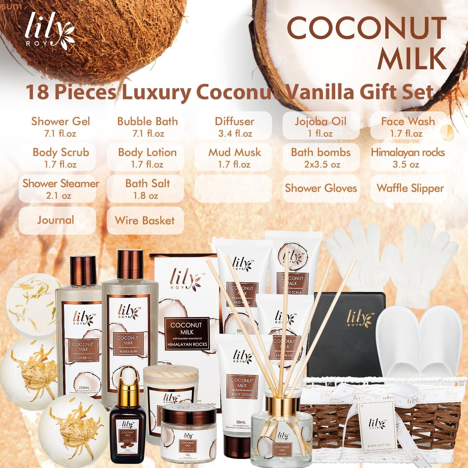 Elegant 18-Piece Spa Gift Basket with Coconut & Vanilla - Perfect for Gifting