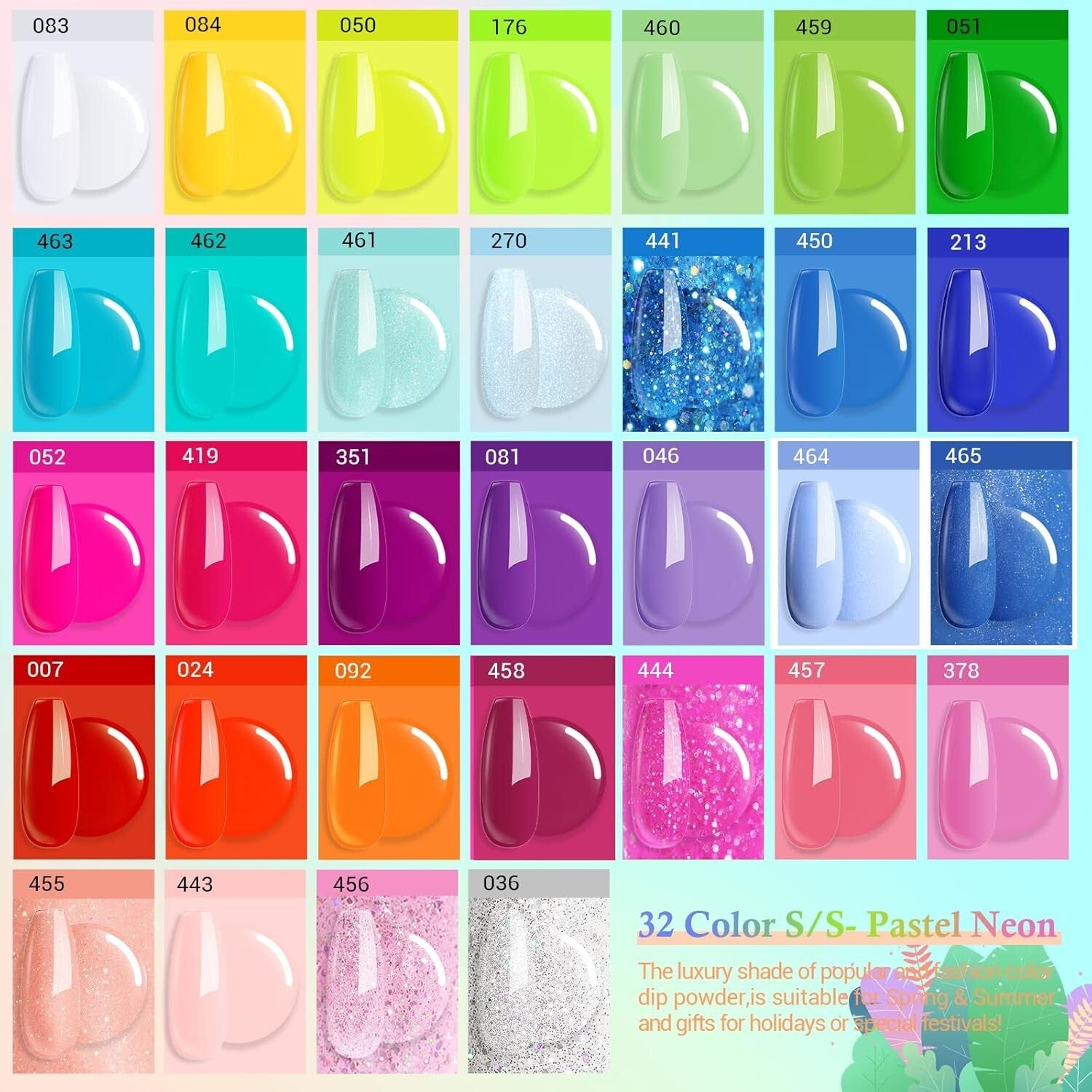 Bright Pastel Neon 42-Pc Dip Powder Nail Set with Glossy Finish & Recycling Tray