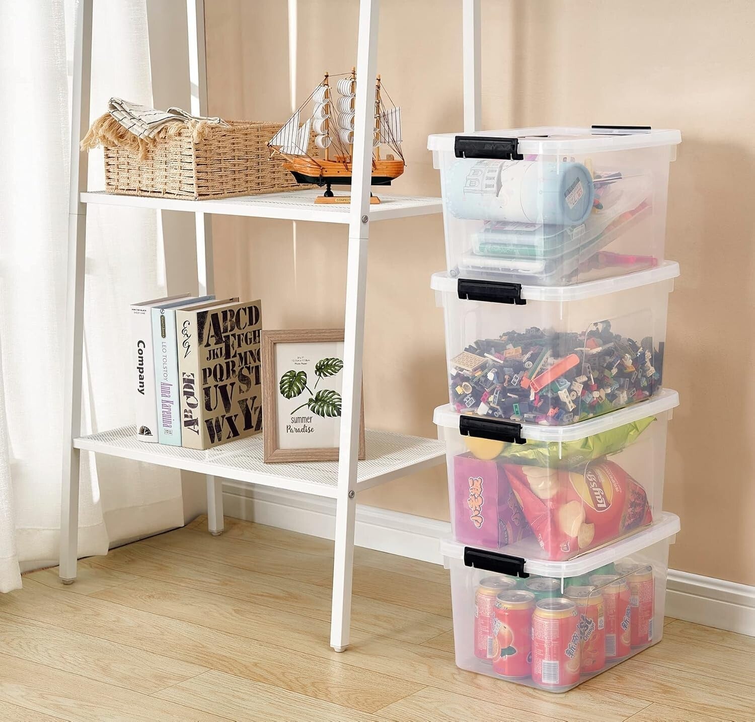 Minimalist 12 Quart Clear Storage Box Set with Latch Closure & Black Handles