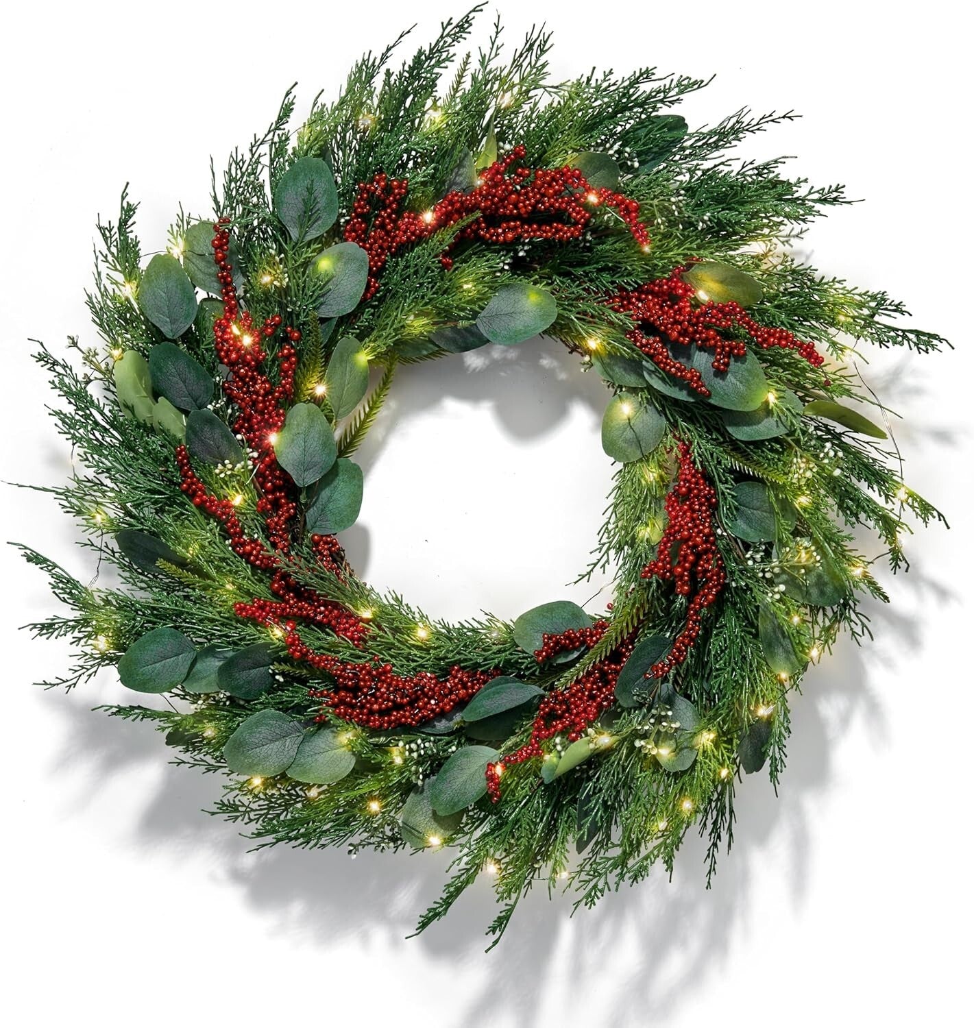 Battery-Powered 24 Inch Winter Wreath with Red Berries & Timer - Farmhouse Style