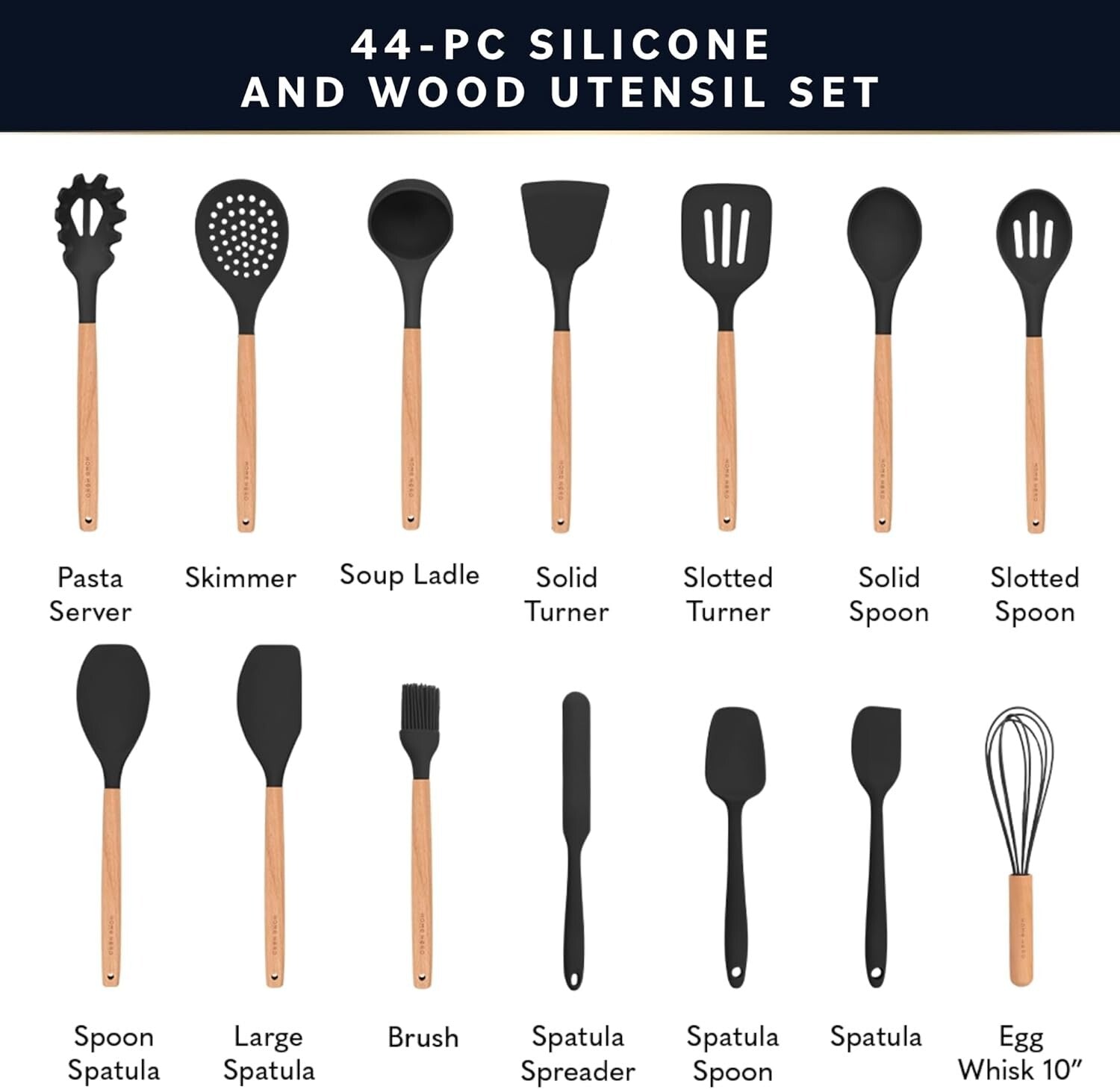 Premium Silicone Cooking Utensils Set - 44 Pieces with Elegant Beechwood Handles