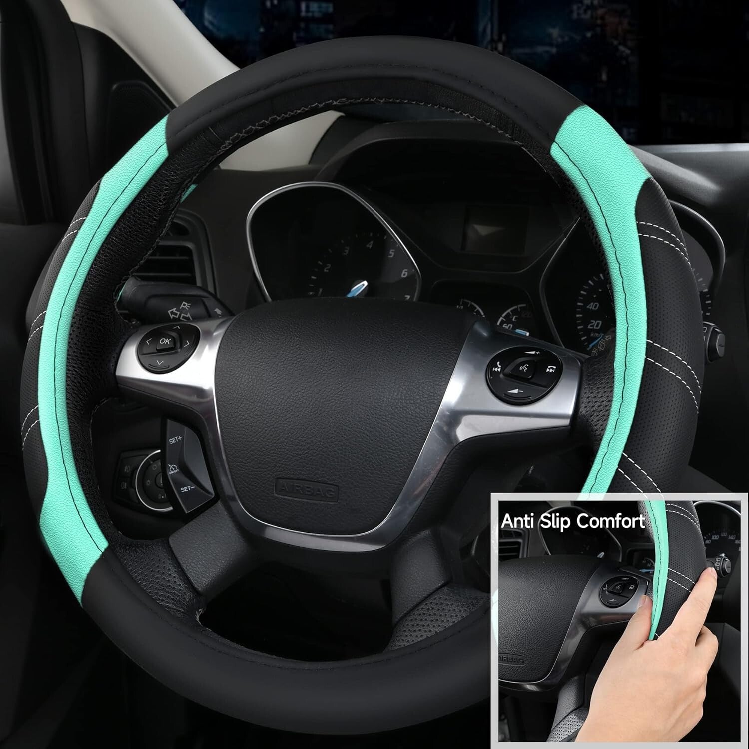 Microfiber Leather Steering Wheel Cover & Waterproof Mats - Universal Fit Combo