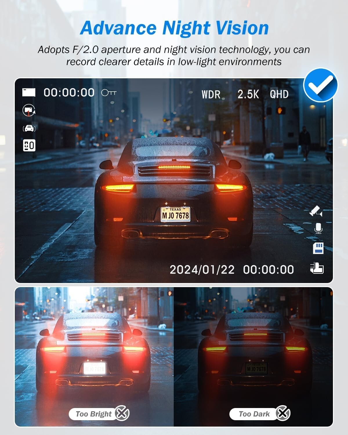 Advanced 2.5K Triple Car Dash Cam with IR Night Vision & 24Hr Parking Guard