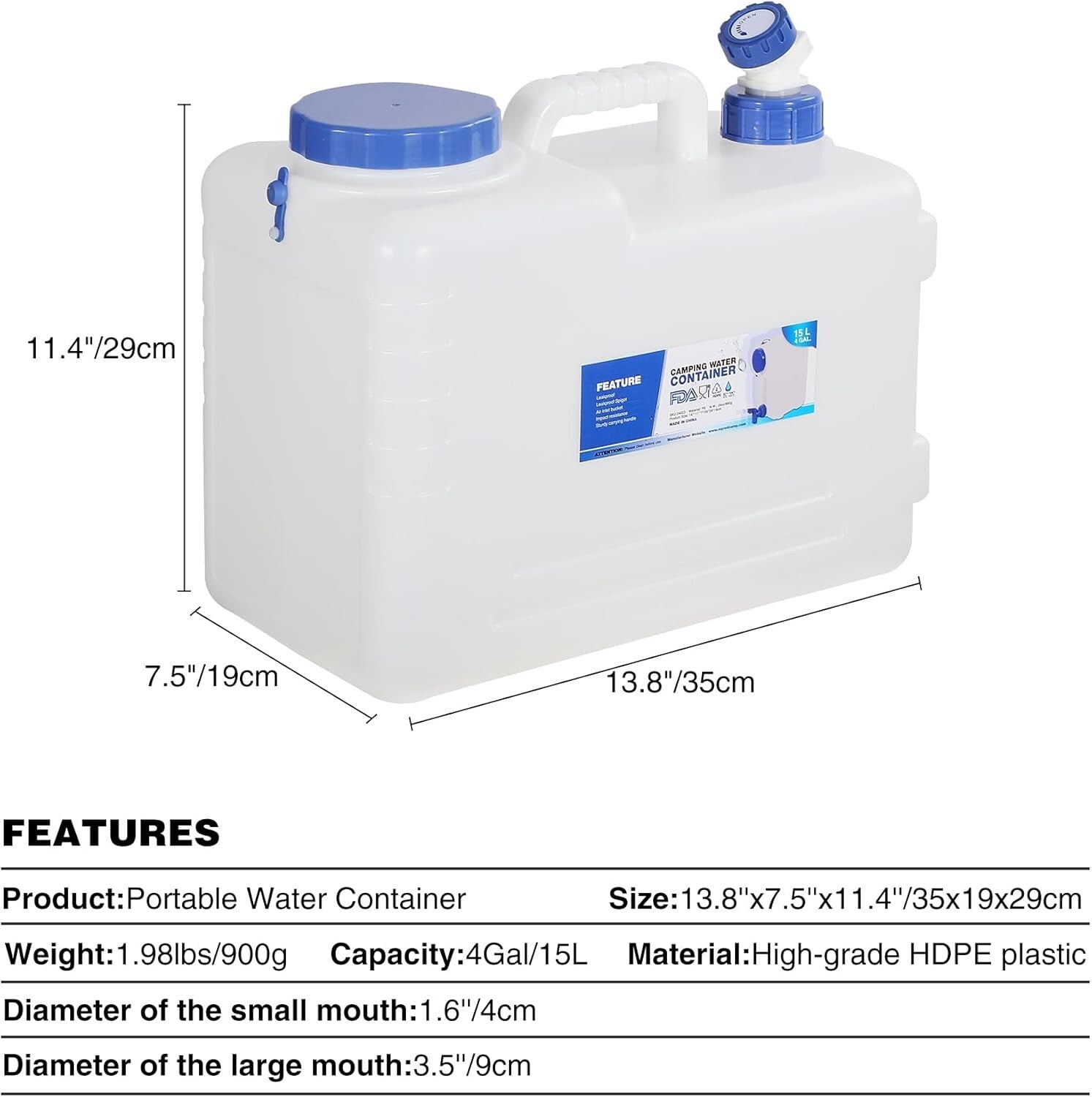 4 Gallon Portable Water Container with Leakproof Spigot for Camping and Hiking