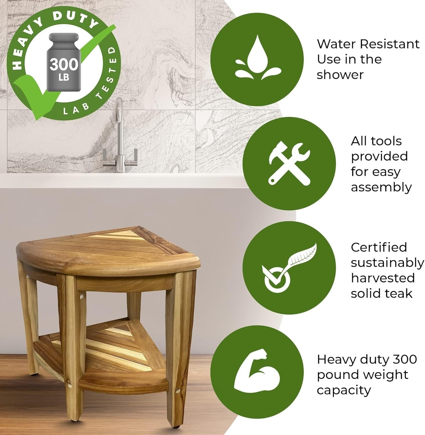 Elegant Teak Corner Shower Seat with Integrated Shelf - Perfect for Bathrooms