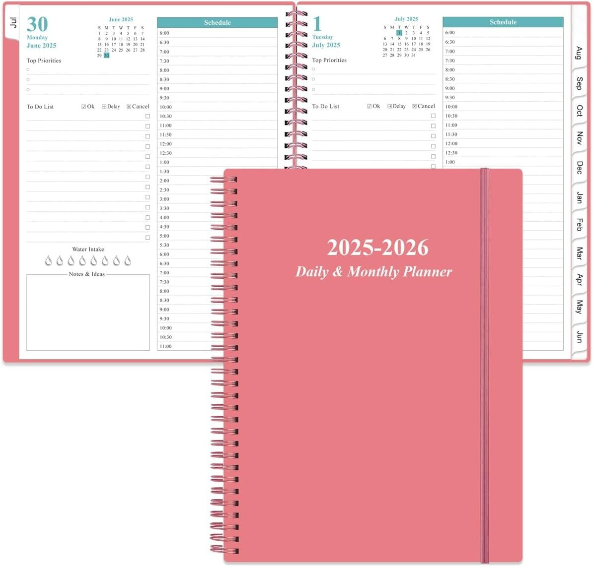2025-2026 Stylish Daily & Monthly Planner - One Page Per Day, Pink 8.5”x11”