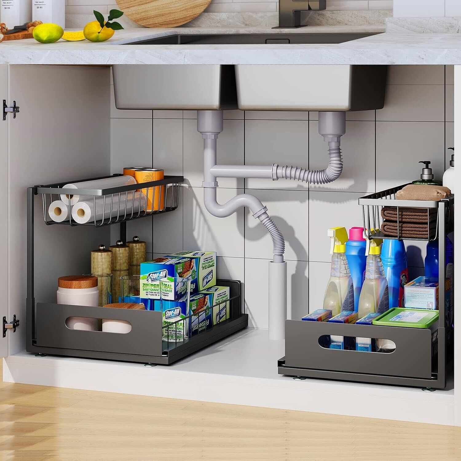 2-Pack Adjustable L-Shape Under Sink Organizer - Rust-Resistant & Multi-Purpose