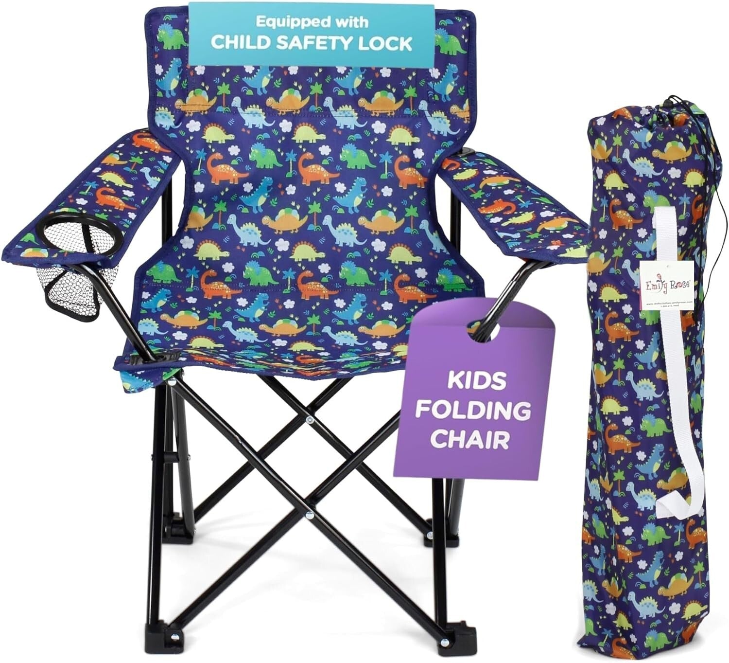 Portable Kids Folding Chair with Safety Lock & Cup Holder - Playful Dinosaurs