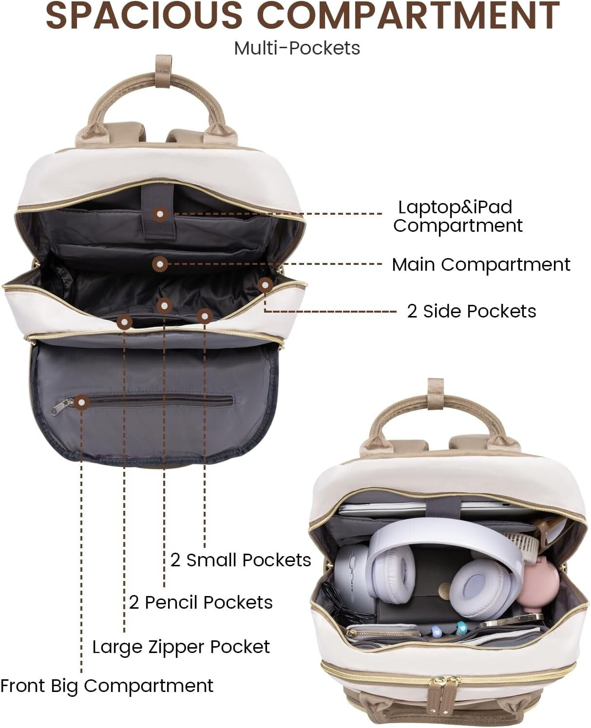 Durable USB Charging Backpack for 15.6 Inch Laptop - Water-Resistant Beige-Khaqi