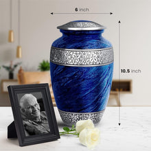 Load image into Gallery viewer, Large Blue Personalized Cremation Urn for Adult Ashes - Handcrafted Metal Design