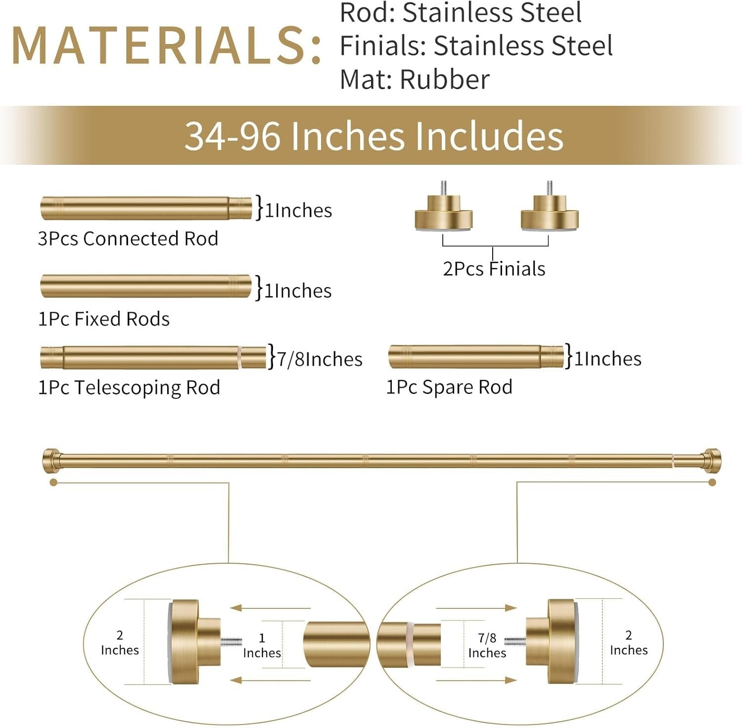 Versatile Gold Tension Shower Rod 34-96 Inches - Ideal for Bathrooms or Kitchens