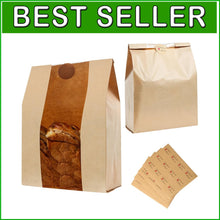 Load image into Gallery viewer, Kraft Paper Loaf Bags with Clear Window &amp; Labels - 200 Count for Fresh Storage