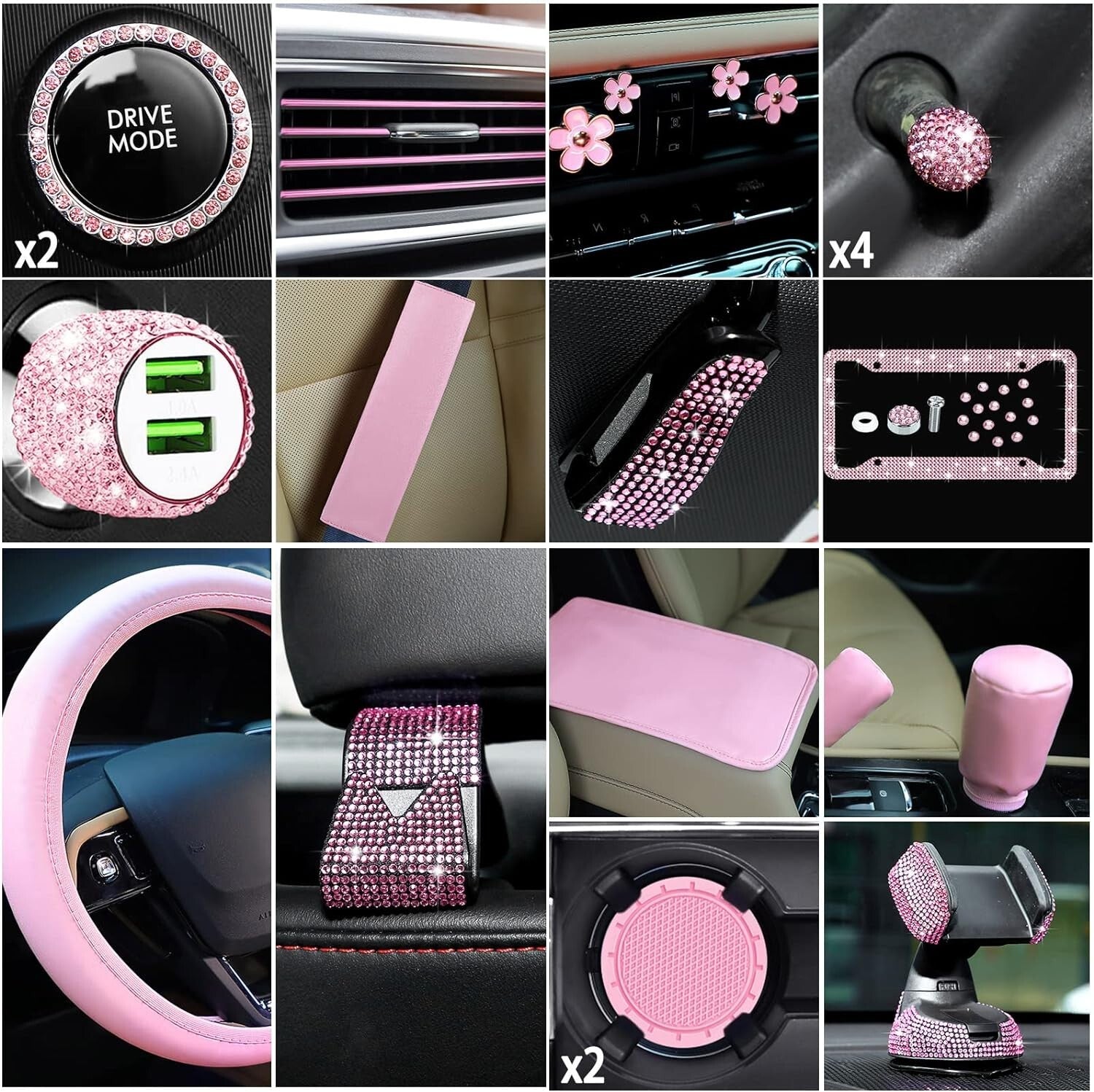 Fashionable Light Pink Car Accessories Bundle: Steering Cover & Phone Holder
