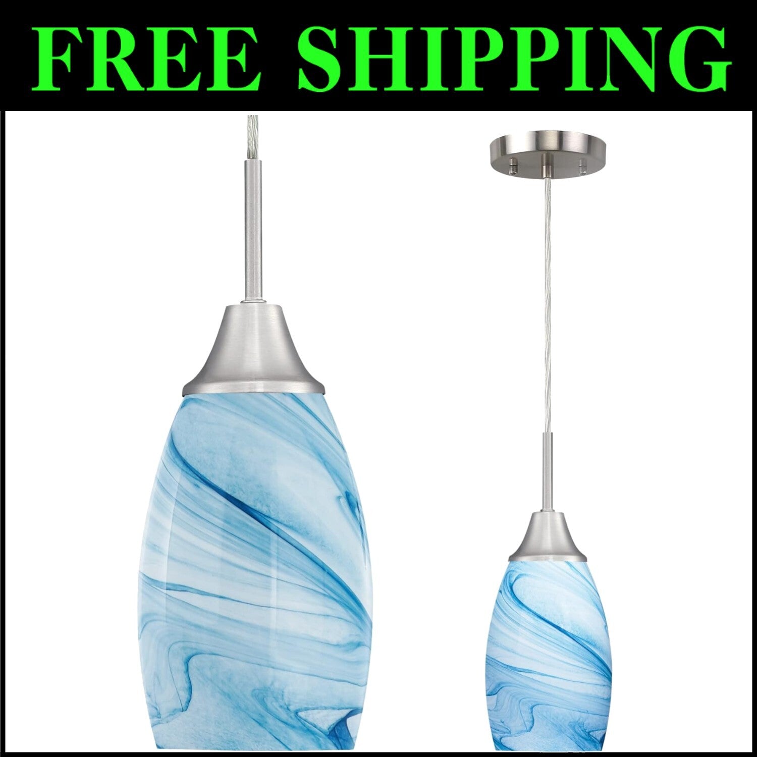 Elegant Handcrafted Blue Glass Hanging Light - 60W Adjustable Ceiling Fixture