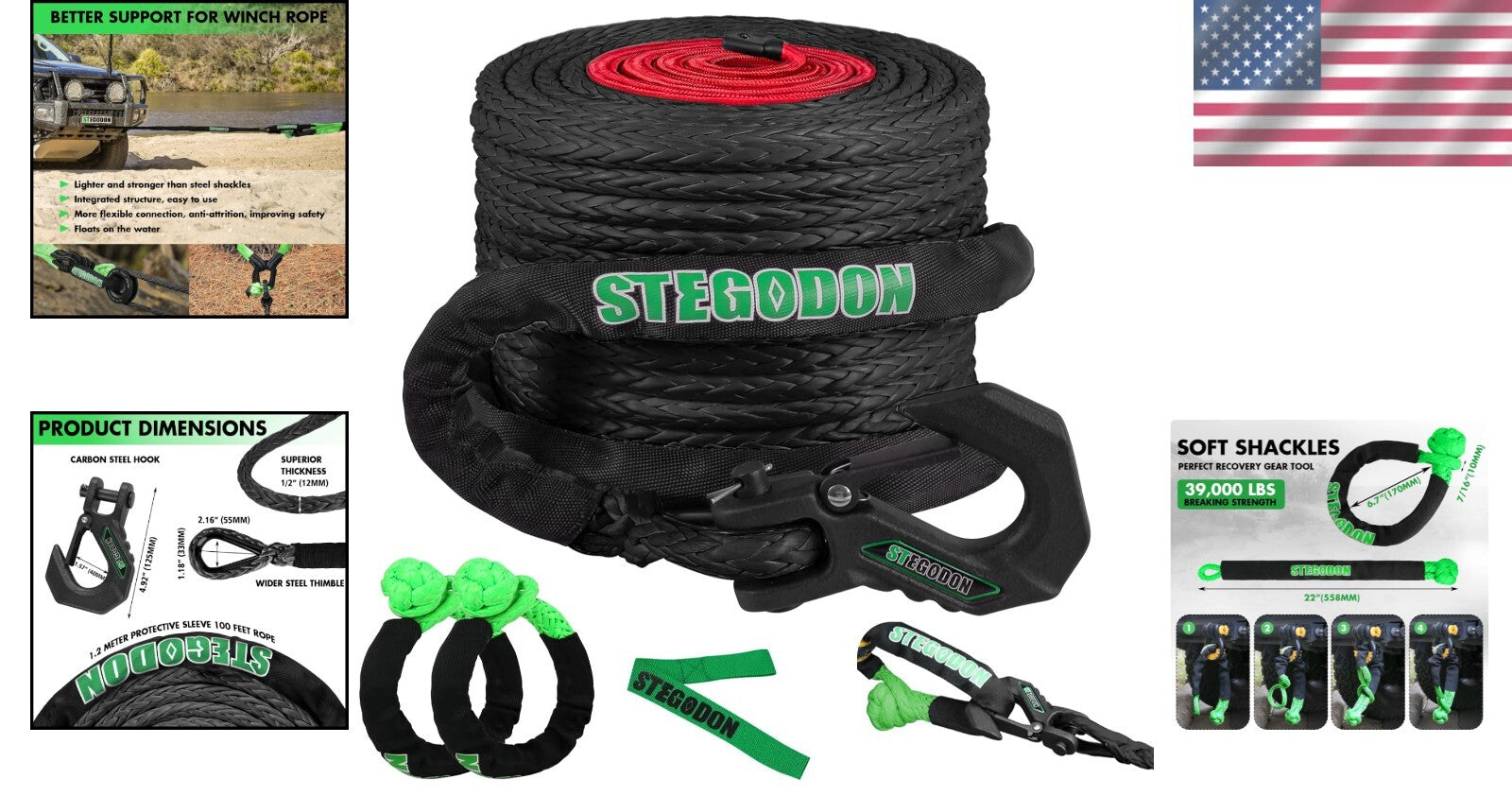 Ultra-Strong 32000 lbs Synthetic Winch Cable with Soft Shackles for 4WD Safety