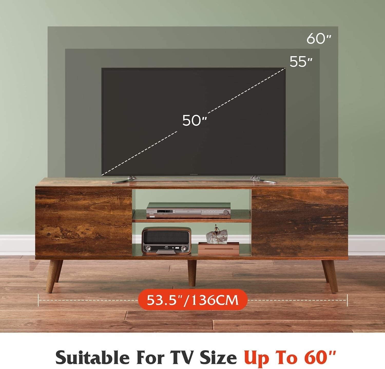 Durable Mid-Century Modern TV Stand for 50-60 Inch TVs with Storage Solutions