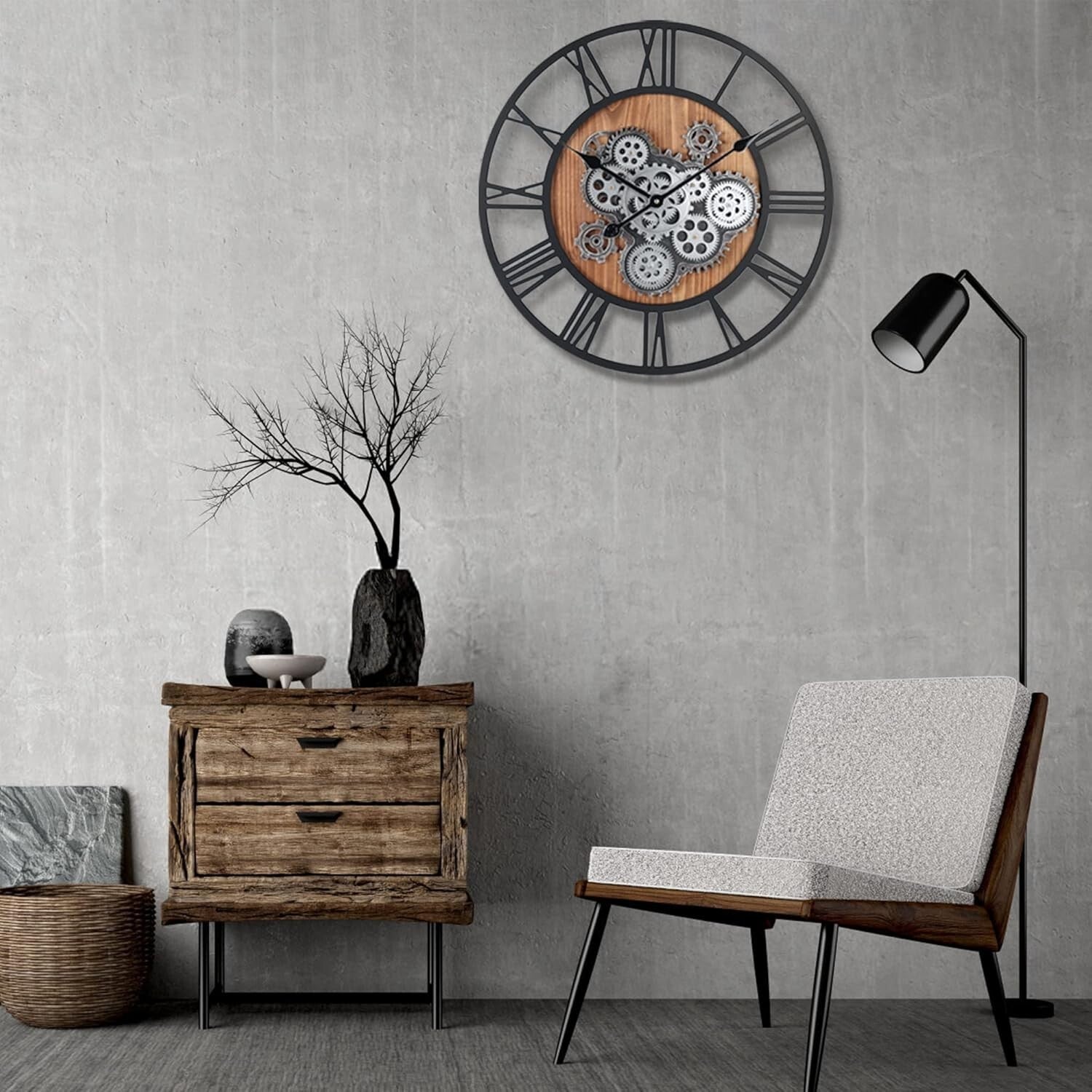 Rustic 23-Inch Wall Clock with Real Gears and Roman Numerals for Kitchen