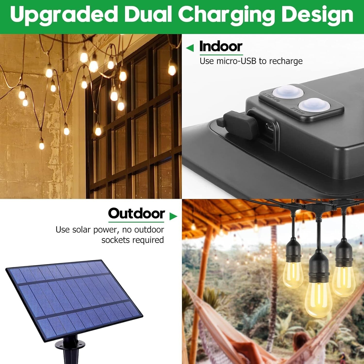 Warm White Outdoor Solar String Lights - 30 Shatterproof Sockets, 5 Modes