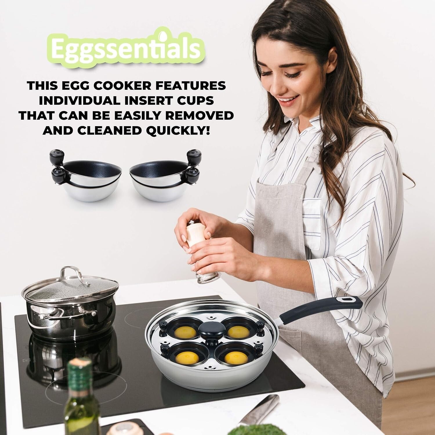 Deluxe Stainless Steel Egg Poacher with 4 Large Cups and Tempered Glass Lid