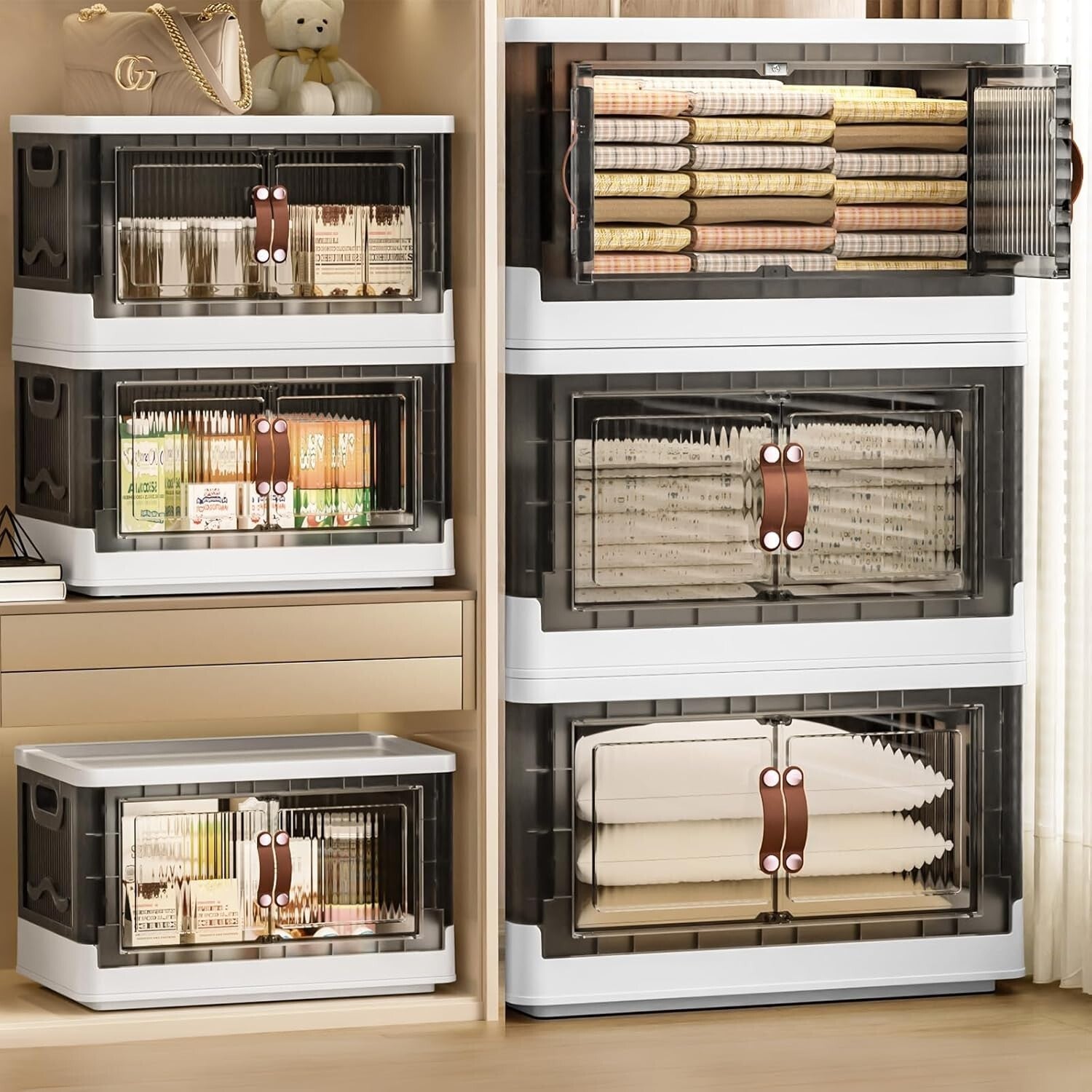 Stackable & Foldable Storage Bins - 3-Piece Set with Lids for Home Organization