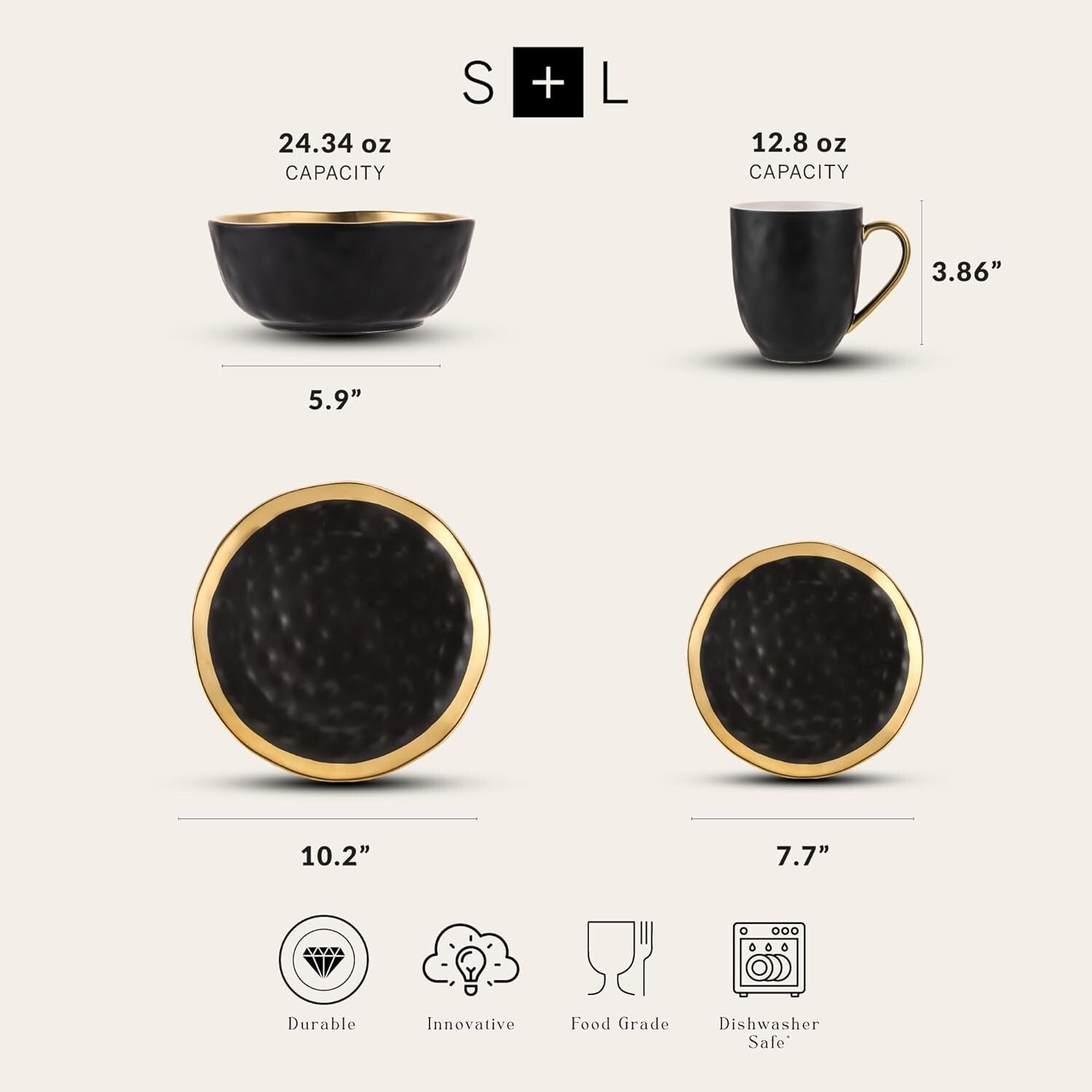 Sophisticated Gold-Accented Black Porcelain Dish Set, Service for 8 - Florian