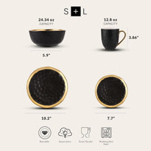 Load image into Gallery viewer, Sophisticated Gold-Accented Black Porcelain Dish Set, Service for 8 - Florian