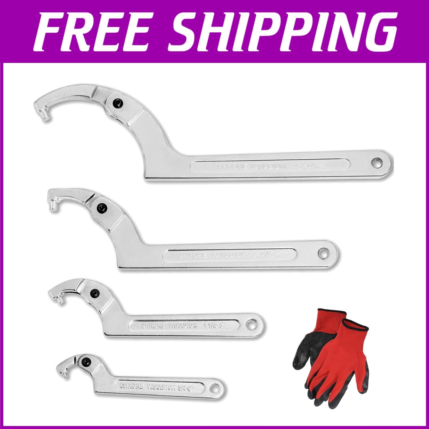 4-Piece Adjustable Hook Wrench Set in Chrome Vanadium for Vehicle Maintenance