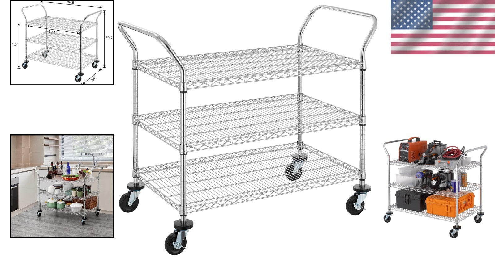 Commercial Grade Heavy Duty 3-Tier Utility Cart with Ergonomic Handles & Wheels