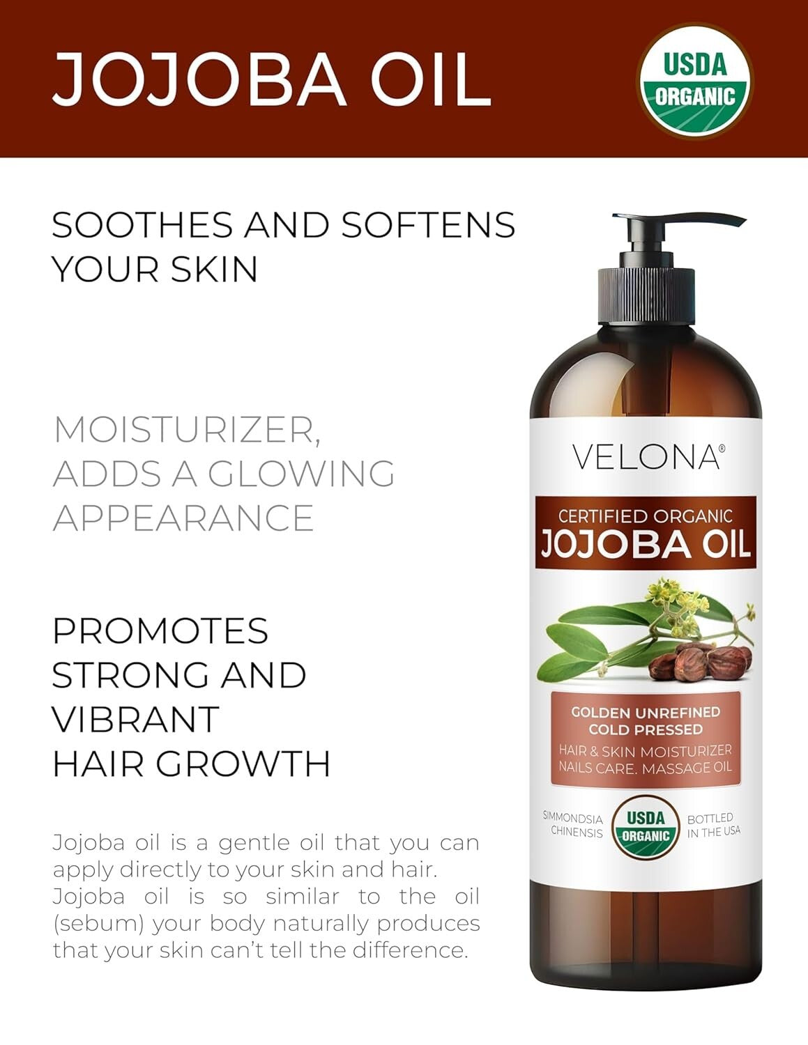 32 Oz USDA Organic Jojoba Oil | Natural Moisturizer, Hair Growth & Skin Hydrator