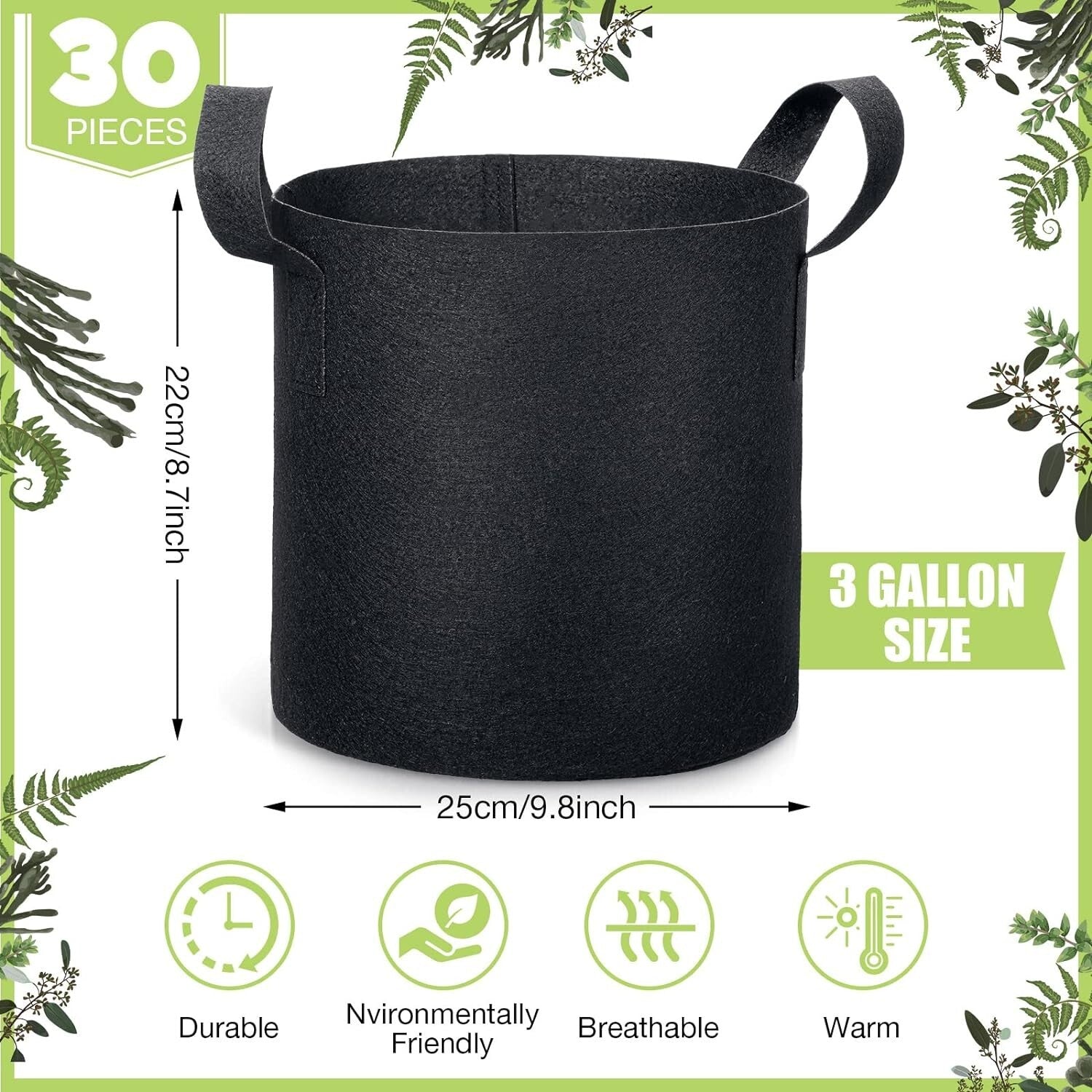 Aeration Fabric Pots 30-Pack 3 Gallon Garden Grow Bags - Resilient and Portable