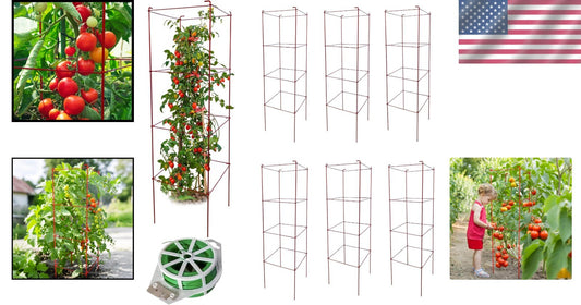 Durable Tomato Cages 6 Pack with Twist Ties - 46” Red Plant Stand Support