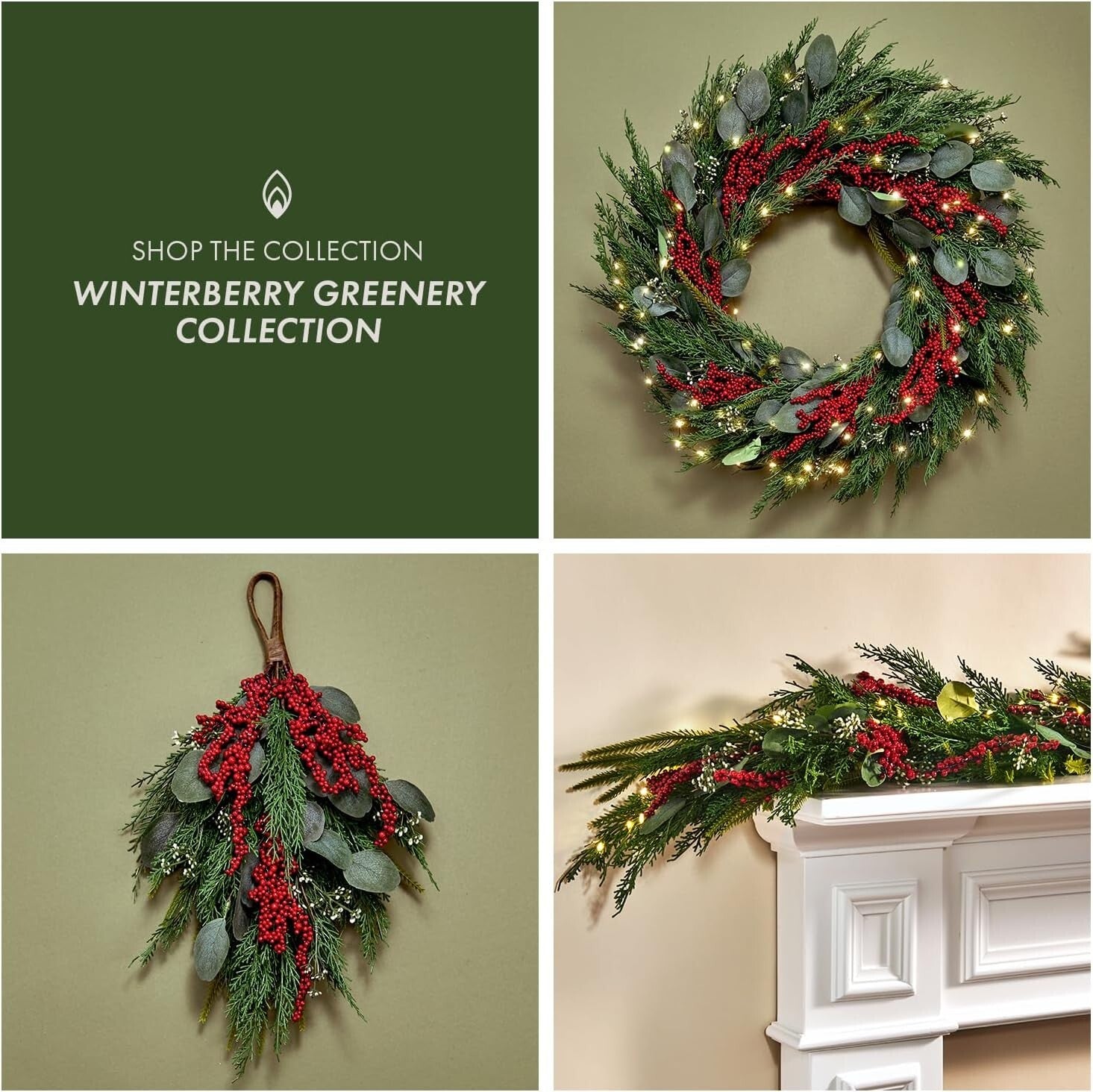Battery-Powered 24 Inch Winter Wreath with Red Berries & Timer - Farmhouse Style